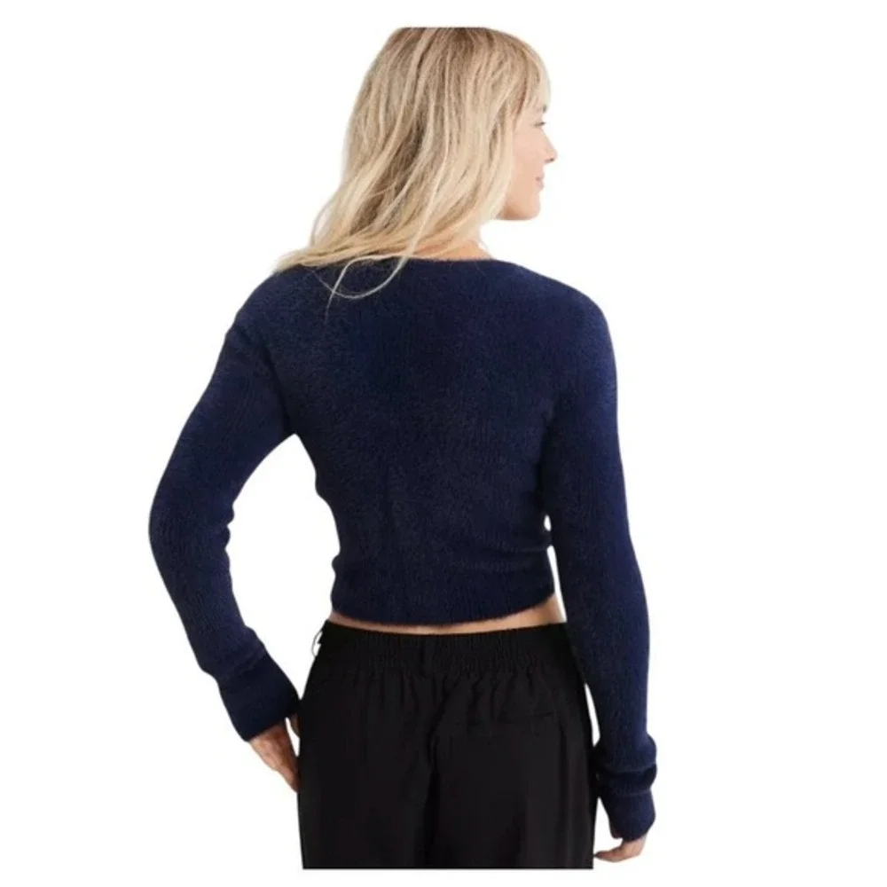 Aerie Fluffy-4-Ever Reversible Twist Sweater‎ Navy Blue Super-Soft Knit M